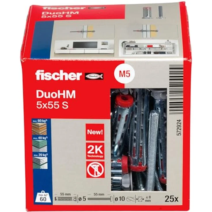 fischer Hohlraumdübel DuoHM 5 x 55 S TX, Plattendübel, metrische Panheadschraube, TX-Antrieb, 25 Stück – Bild 2