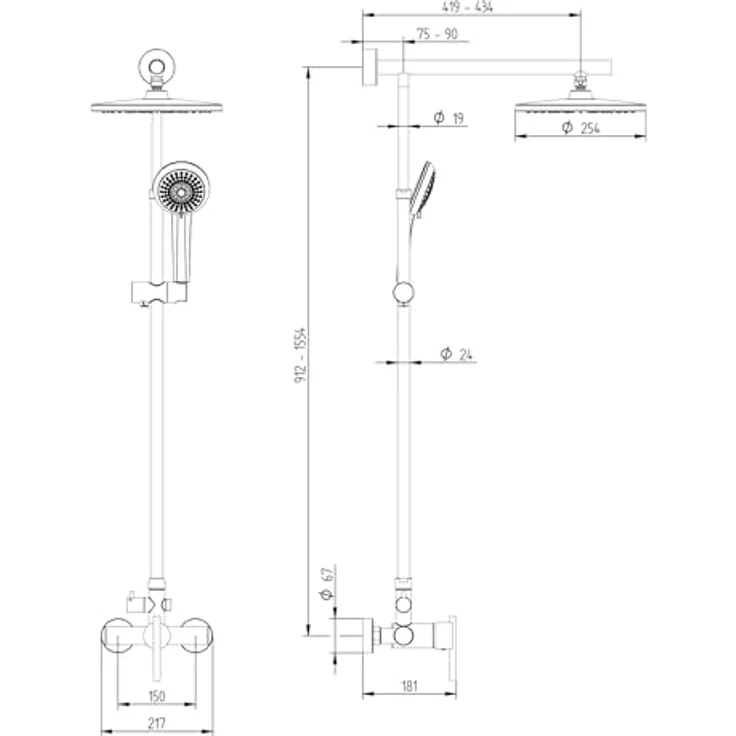 Schulte Duschsystem Regendusche, Einhebelmischer mit Kopfbrause rund, verchromt, antikalkbeschichtet, flexible Höhenverstellung – Bild 3