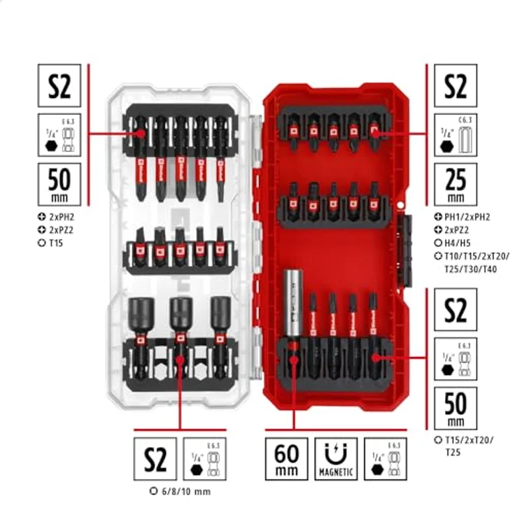 Einhell Bit-Set S-CASE, 28-tlg. schlagfest mit 15x 25-mm-Bits und 9x 50-mm-Bits aus S2 Stahl, inklusive 60 mm Bithalter – Bild 2