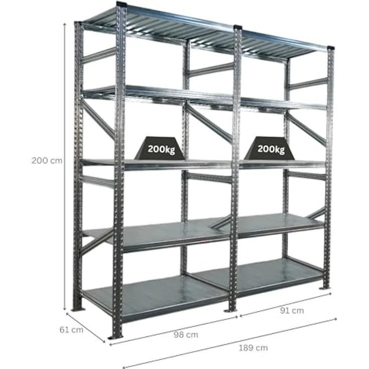 Proregal PROXIMO Metallregal, Fachbodenregal in verzinktem Stahl, 200 kg Traglast pro Boden, 200 x 180 x 60 cm, 5 höhenverstellbare Böden, inkl. Anbauregal – Bild 2
