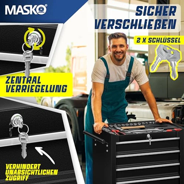 MASKO Werkstattwagen, 5 Fächer schwarz, Rollwagen mit Anti-Rutschbeschichtung, abschließbare Fächer, 26 kg – Bild 7