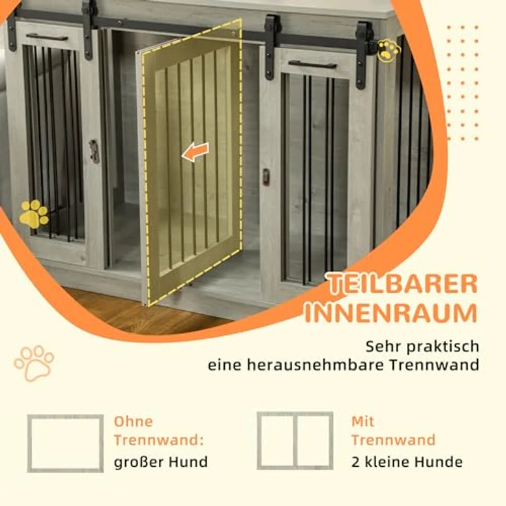 PawHut Hundekäfig Möbel, Zweiraum-Option mit 2 Türen, moderne Metall Hundebox für große Hunde bis 30 kg, 120 x 60 x 88,5 cm, grau – Bild 4