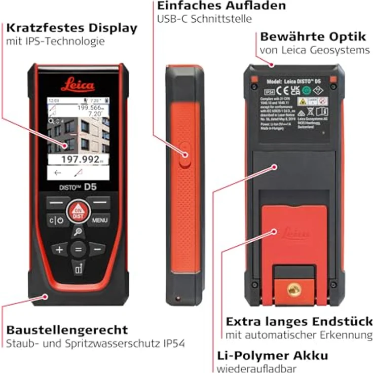 LEICA DISTO D5 Laserentfernungsmesser, IP54, Reichweite 200 m, Genauigkeit ± 1 mm, Neigungssensor 360° – Bild 3
