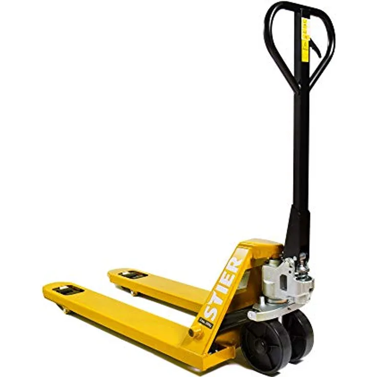 STIER Gabelhubwagen, Handhubwagen mit Tragkraft 2500 kg, Gabellänge 1150 mm, vormontiert, Nylon-Rollen, Gelb, Lenkeinschlag 210°