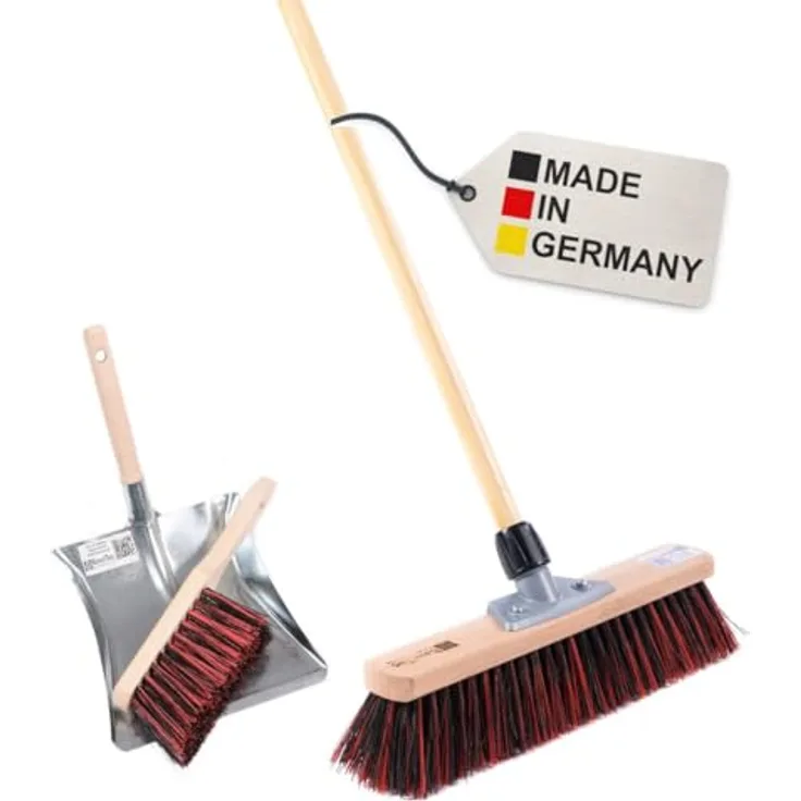 BawiTec Kehrset 40cm, ArengaMix-Borsten, Qualitäts Besen Set mit Holzgriff, inkl. Handfeger und Metall-Kehrblech, für außen