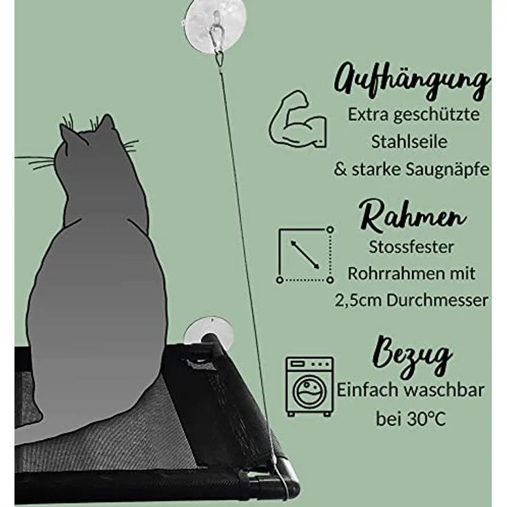 riijk Fenster Katzenhängematte für Katzen bis 23 kg, extra Stabiler Fensterliegeplatz für Katzen | Katzen Fensterliege | Katzenliege Fenster Platz für kleine Fenster – Bild 3