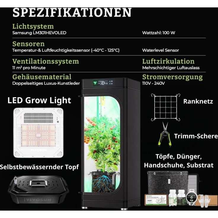 VIVOSUN VGrow Smart Grow Box, Intelligentes All-in-One-System 100 Watt mit Vollspektrum-LED, Klimakontrolle und 6-Liter-Bewässerung