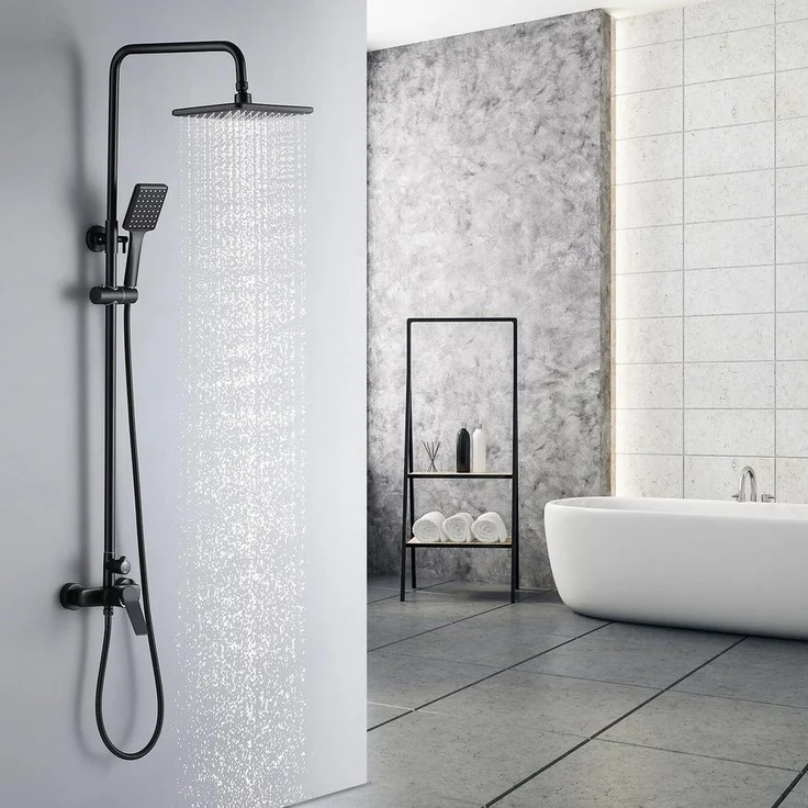 LuxusKollektion Duscharmatur Set Schwarz, Höhenverstellbar 90-124cm, Regendusche & Handbrause mit Anti-Kalk-System