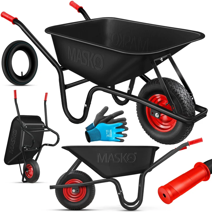 MASKO Schubkarre, Schubkarre Bauschubkarre Gartenschubkarre 100 Liter bis 250kg, robuste Stahlrahmen, witterungsbeständig, 16 Zoll Luftreifen