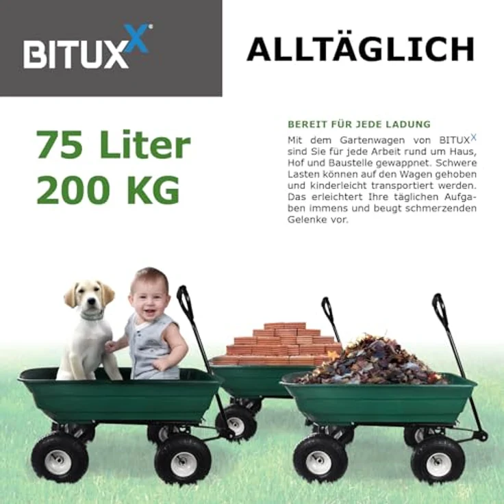 BITUXX Gartenwagen Handwagen 200 kg Tragkraft, kippbar, 75L Mulde, Stahlrahmen – Bild 5
