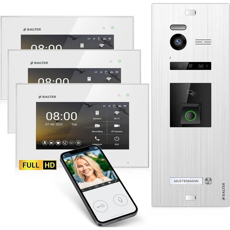 Balter Video-Türsprechanlage EVO HD Fingerprint RFID und App für 1 Familienhaus 3x Monitore (Full HD 175° Ultraweitwinkelkamera) – Bild 1