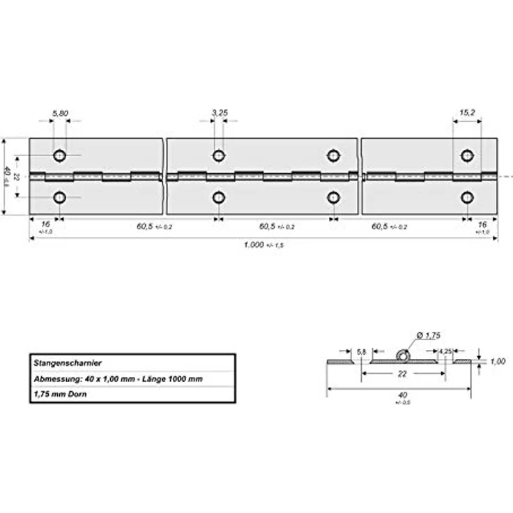 Stangenscharnier 1000 x 40 x 1,0 mm Aluminium Klavierband Türband Bandscharnier von SOTECH - Preisvergleich – Bild 2