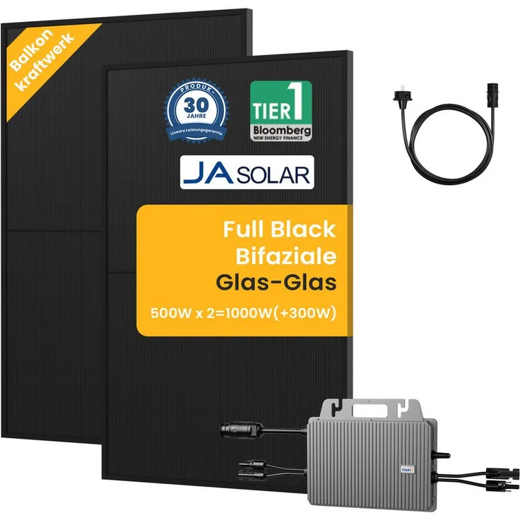 Tsun Balkonkraftwerk 1000W, steckerfertige Solaranlage mit 2x JA Solar 500Wp Full Black Modulen und TSUN 800W Wechselrichter, Plug-and-Play-Installation