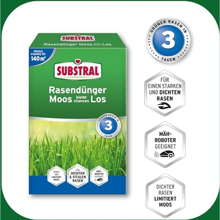 Substral Rasendünger gegen Moos, für sattgrünen und dichten Rasen, 4,2 kg, 140m², Grün - Substral Rasendünger mit intensiver Grüneffekt, stärkt die Grasnarbe, für gesunden Rasen – Bild 3