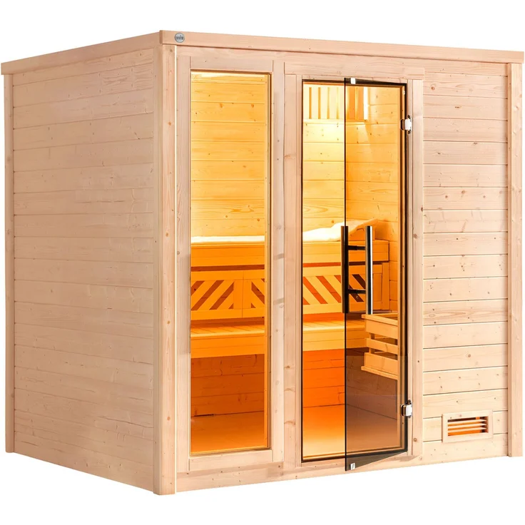 Weka Sauna Massivholzsauna BERGEN 2, 45 mm Blockbohlen, Fensterelement, moderne Ganzglastür, Graphit-Optik