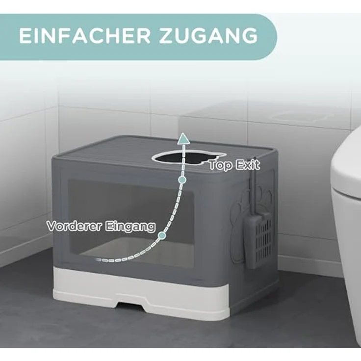 PawHut Katzentoilette mit Deckel Katzenklo mit Schaufel, Toilette für Katzen bis 4 kg, für Indoor, Kunststoff Grau 48,5 x 38 x 36,5cm – Bild 4