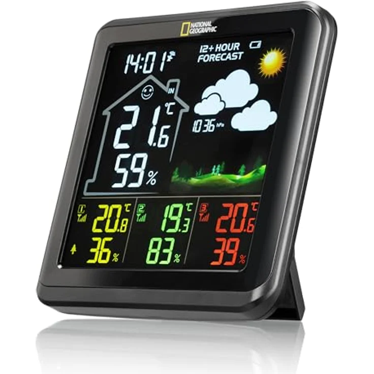 National Geographic 9070710 Wetterstation, VA Farb-Wetterstation mit 4 Messbereichen, Funk mit Außensensor, schwarz – Bild 2