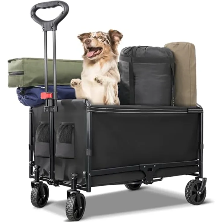 Homecall Bollerwagen Faltbar 120L, Bis 120kg mit Regenschutz und Reflektorstreifen, Blau