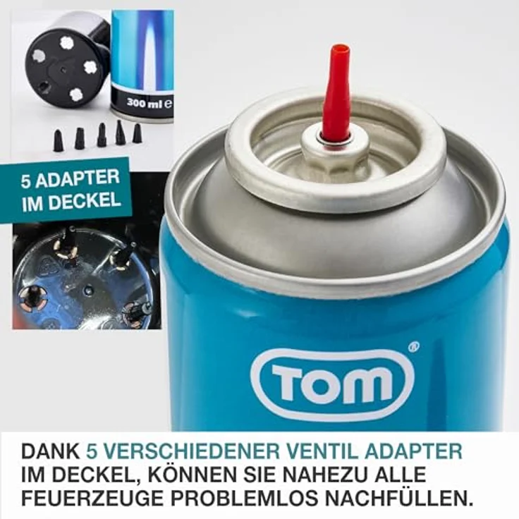 TOM LG-300 Feuerzeuggas, 300 ml Nachfüllkartusche für Sturm- und Stabfeuerzeuge, vielseitig einsetzbar mit 5 Adaptern – Bild 2