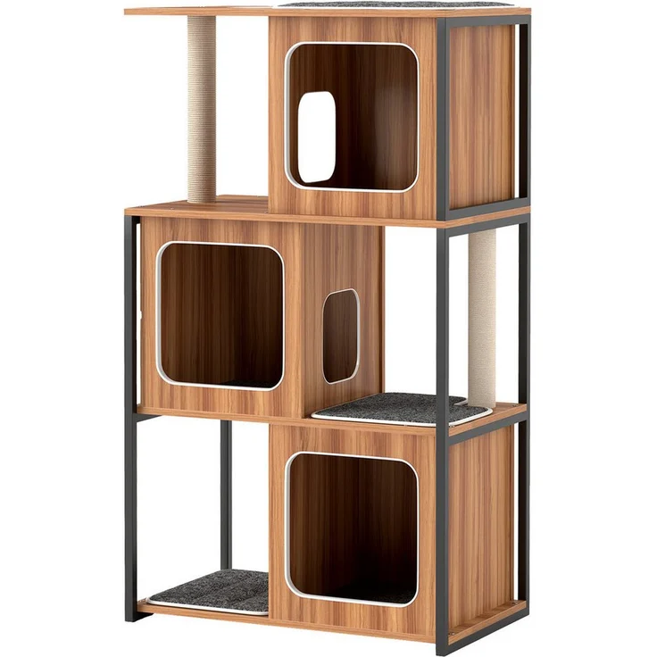 COSTWAY Kratzbaum, 2in1 Katzenhaus, 3 Etagen, abnehmbare Kissen, Natur & Grau & Schwarz
