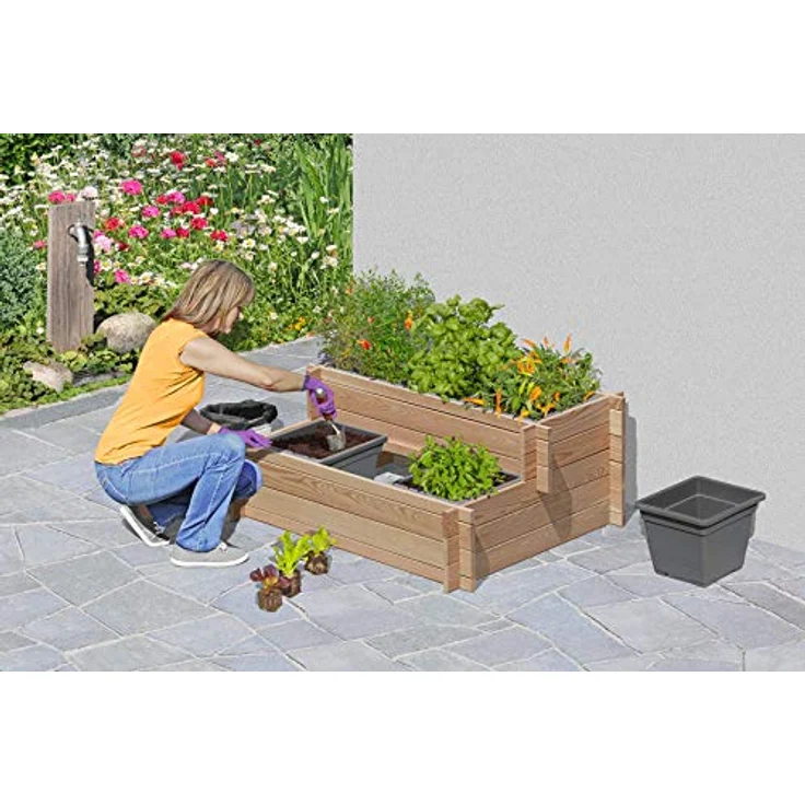 Gartenpirat Stufenbeet Holz Lärche Hochbeet zweistufig mit 6X Pflanzkasteneinsatz, wetterfest, für Garten, Terrasse oder Balkon – Bild 2