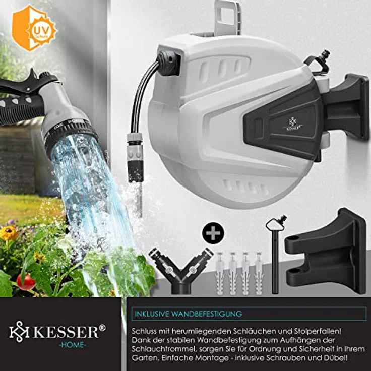 KESSER Schlauchtrommel Schlauchaufroller Wasser Multi-Handbrause 180° Schwenkbar Aufwickelstopper Wandhalterung Wand-Schlauchbox Wasserschlauchtrommel Gartenschlauch Grau, 15 Meter – Bild 3