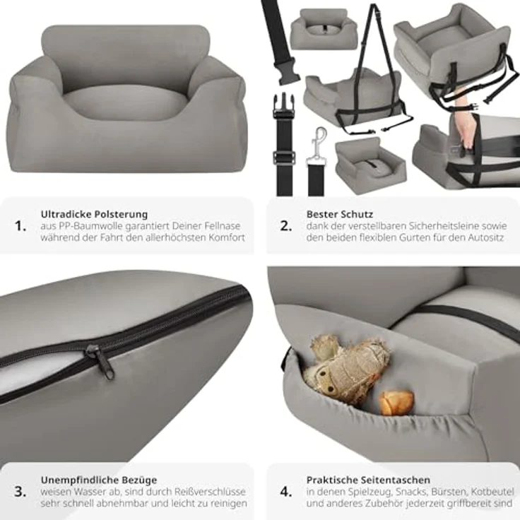 tectake® Hundesitz, Autositz für Hunde, Hunde Autositz für Rückbank, Beifahrer oder Rücksitz, Reisebett Hund, mit Hundegurt, Sitzerhöhung mit Hundeanschnaller, Hundebett mit Anschnaller - grau – Bild 4