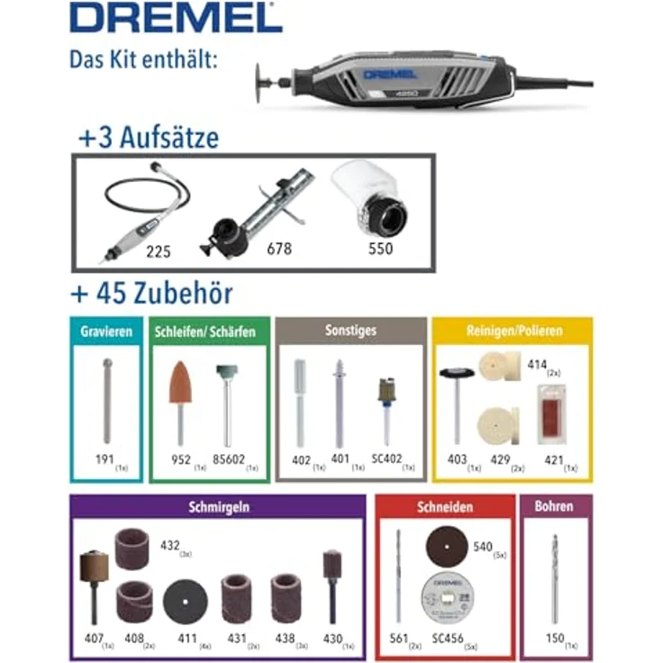 DREMEL 4250 Rotationswerkzeug 175 W, Multifunktionswerkzeug-Set mit 3 Vorsatzgeräten und 45 Zubehören, variable Drehzahl 5.000-35.000 1/min, mit Softgrip und EZ Twist – Bild 3