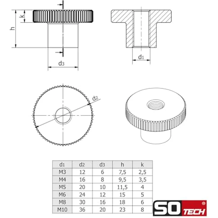 SO-TECH Rändelmutter Edelstahl V2A (SS304) M10 hohe Form DIN 466, 10er Set mit gerändelten Seitenflächen für bessere Griffigkeit – Bild 7