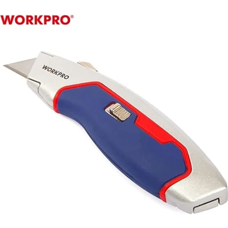 WorkPro Cuttermesser WP213011, Teppichmesser mit Zinklegierungsschneidkopf, Aluminiumgriff, schnellem Klingenwechsel und 10 Ersatzklingen – Bild 4