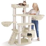 HAPPYPET Kratzbaum Grosse Katzen stabil 'Jacob' - 156 cm hoch, Kletterbaum XXL, 47 kg Premium Qualität, 12 cm Dicke Stämme, Liegemulde & Höhle, geprüftes Holz, schwere Katzen Maine Coon, Creme