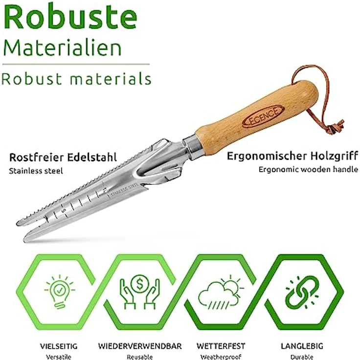 ECENCE 1x Unkrautstecher Edelstahl mit Pflanzfunktion Wurzeljäter mit Holzgriff Manueller Weeder zum Graben Jäten, Lösen Geschenk für Gärtner Gärtnerinnen 33,5cm – Bild 5