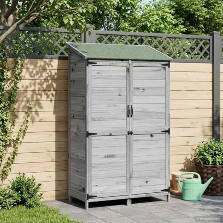 vidaXL Gartenschuppen Grau 106,5 x 56 x 176 cm, Massivholz aus Fichte mit wasserfestem Schindeldach und Lüftungsschlitzen – Bild 2