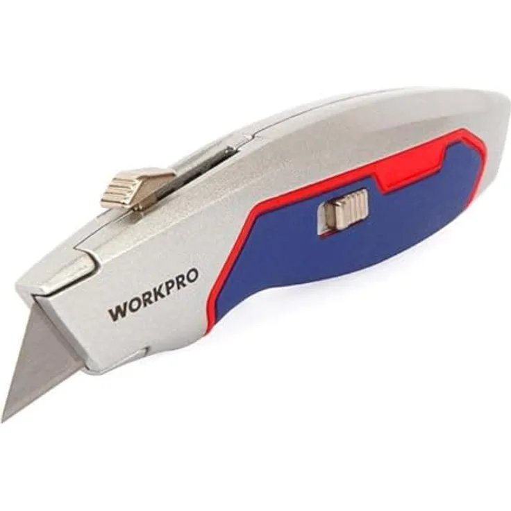 WorkPro Cuttermesser WP213011, Teppichmesser mit Zinklegierungsschneidkopf, Aluminiumgriff, schnellem Klingenwechsel und 10 Ersatzklingen