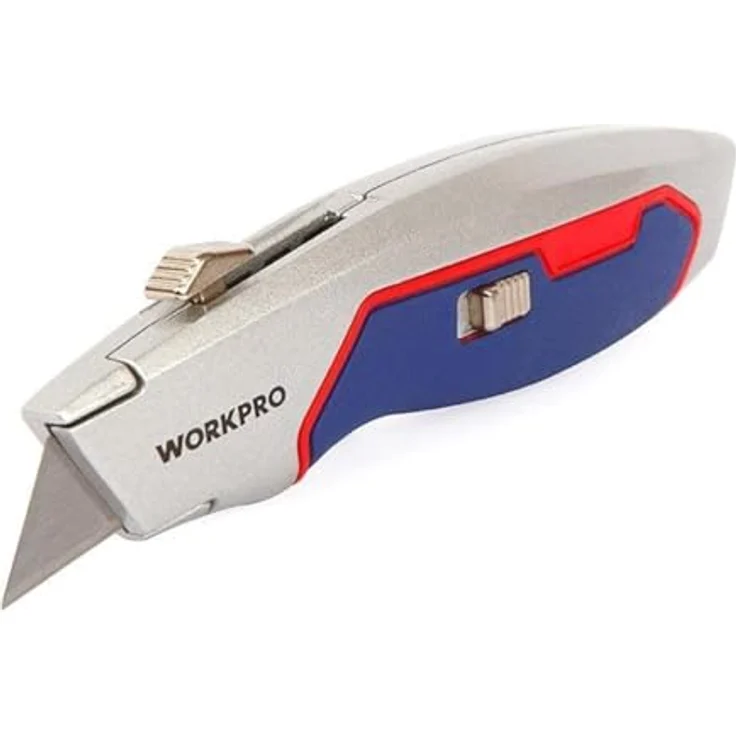WorkPro Cuttermesser WP213011, Teppichmesser mit Zinklegierungsschneidkopf, Aluminiumgriff, schnellem Klingenwechsel und 10 Ersatzklingen – Bild 1