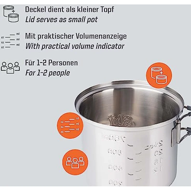 Esbit Campingkocher, kompakter Spiritus-Gaskocher mit 2 Edelstahltöpfen (985 ml und 470 ml), praktischem Netzbeutel und klappbarem Flammenregulierer, Aluminium Stand mit Brenner – Bild 3