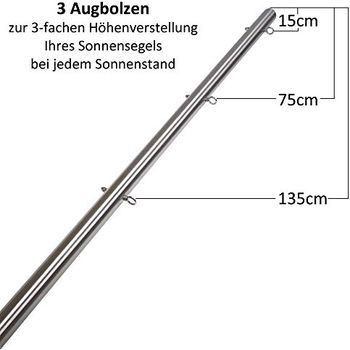 Edelstahl Stange 2,5m mit 3 Ösen Höhenverstellbar Ø70x3mm Sonnensegel