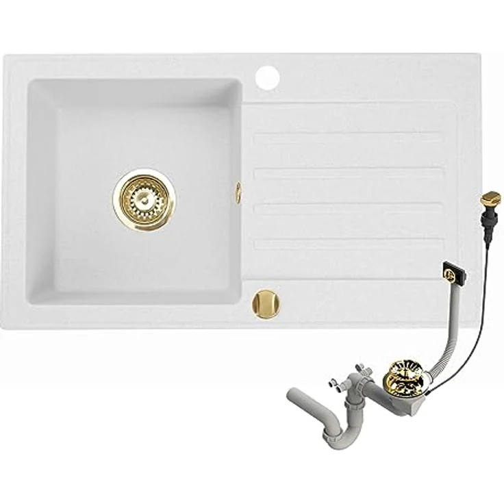 Granitspüle 76x44 Küchenspüle Gold Granit Spülbecken f. Unterschränke ab 45 cm inkl.Siphon Set (Mit Armatur, Weiß) – Bild 2