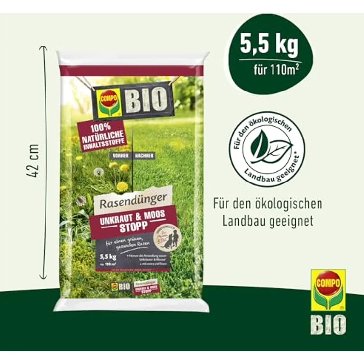 COMPO BIO Rasendünger Unkraut & Moos Stopp, 100% natürliche Inhaltsstoffe, 5,5 kg für 110m², beugt Unkraut- und Moosansiedlung vor – Bild 3