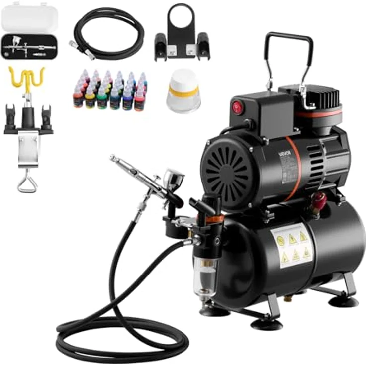 VEVOR Airbrush Set 1/6 PS, mit 0,3 mm Dual Action Airbrush, Luftkompressor & Tank, inkl. Acrylfarbe und Reinigungsset, ideal für Kuchendekoration, Modellmalerei und Nagelkunst – Bild 1