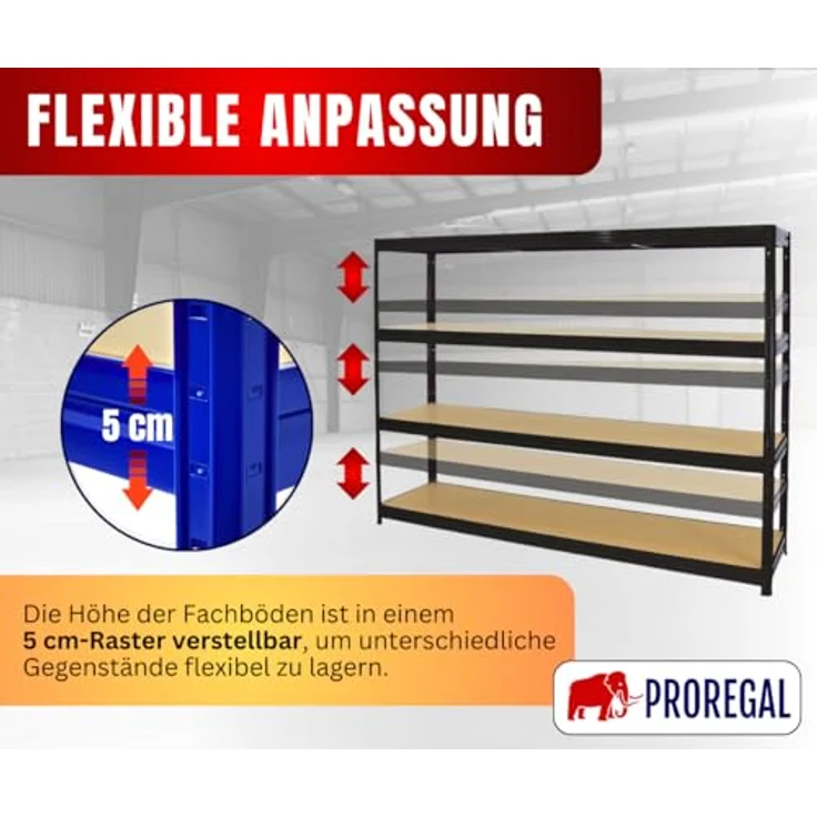 Proregal Schwerlastregal DINO, 180 x 240 x 60 cm, 4 Böden, Traglast 450 kg pro Boden, Schwarz – Bild 4