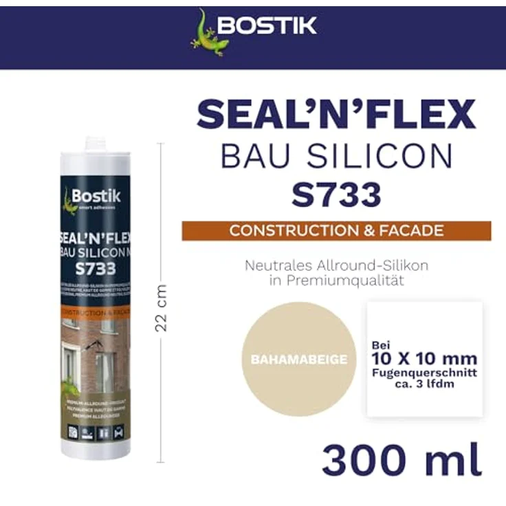 BOSTIK S733 Seal´n´Flex Bau Silikon, Hochleistungs-Dichtungssilikon für Innen- und Außenbereich, Bahamabeige, 300ml – Bild 2