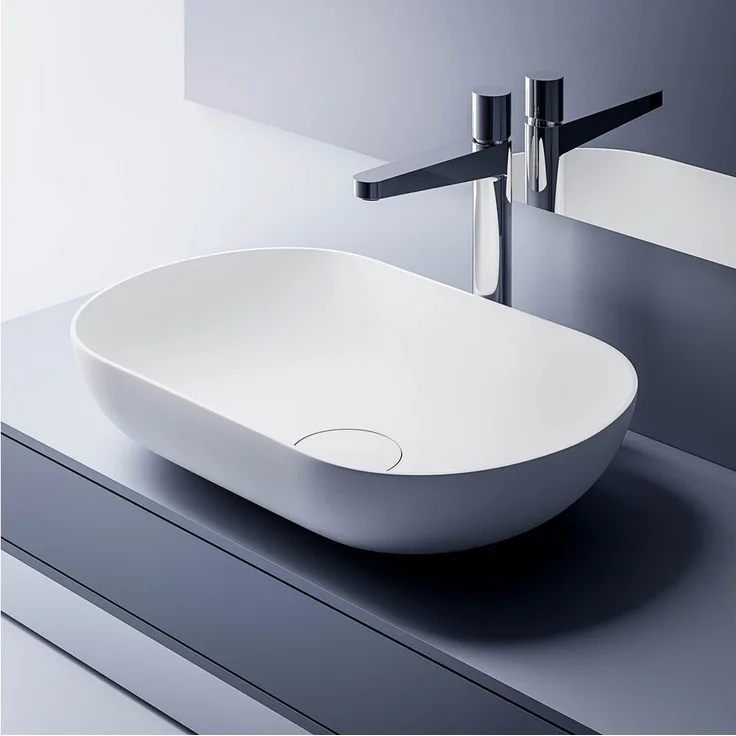 Bernstein Waschbecken O-541, Aufsatzwaschbecken aus Mineralguss - 54 x 34 x 13 cm - Farbe wählbar, Oval, Matt, mit Blende und Ablaufventil - Weiß/Grau/Weiß