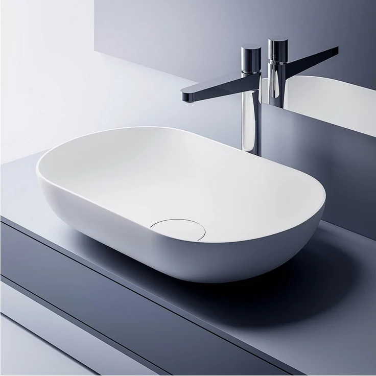 Bernstein Waschbecken O-541, Aufsatzwaschbecken aus Mineralguss - 54 x 34 x 13 cm - Farbe wählbar, Oval, Matt, mit Blende und Ablaufventil - Weiß/Grau/Weiß – Bild 1