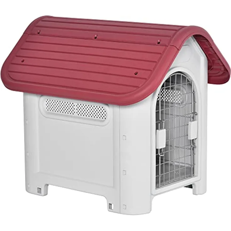 PawHut Hundehütte Outdoor Hundehaus mit Dachluke Tor Unterschlupf für kleine Hunde Kleintierstall Luftzirkulation wasserdicht Metall PP Rot+Hellgrau 59 x 75 x 66 cm