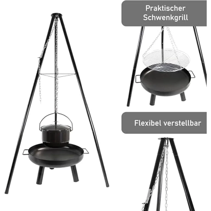 LEMODO Schwenkgrill mit Feuerschale und Grillrost, Dreibein Hängegrill mit Gulaschkessel, BBQ 3 Bein Grill Gestell - Holzkohlegrill Zubehör, Schwarz – Bild 3
