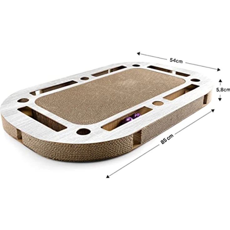 CanadianCat Company | XXL Katzenspielplatz 85 x 54 x 5,8 cm mit integrierter Kratzpappe Katzenspielzeug Kratzbrett in hellgrau gekalkter Holzoptik Kratzkarton – Bild 3