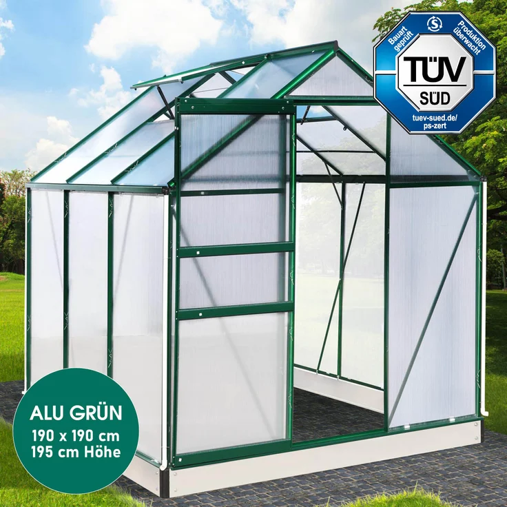 BRAST Gewächshaus Aluminium 190x190x195cm Grün mit Fundament rostfrei TÜV geprüft Alu Treibhaus Glashaus Tomatenhaus – Bild 2