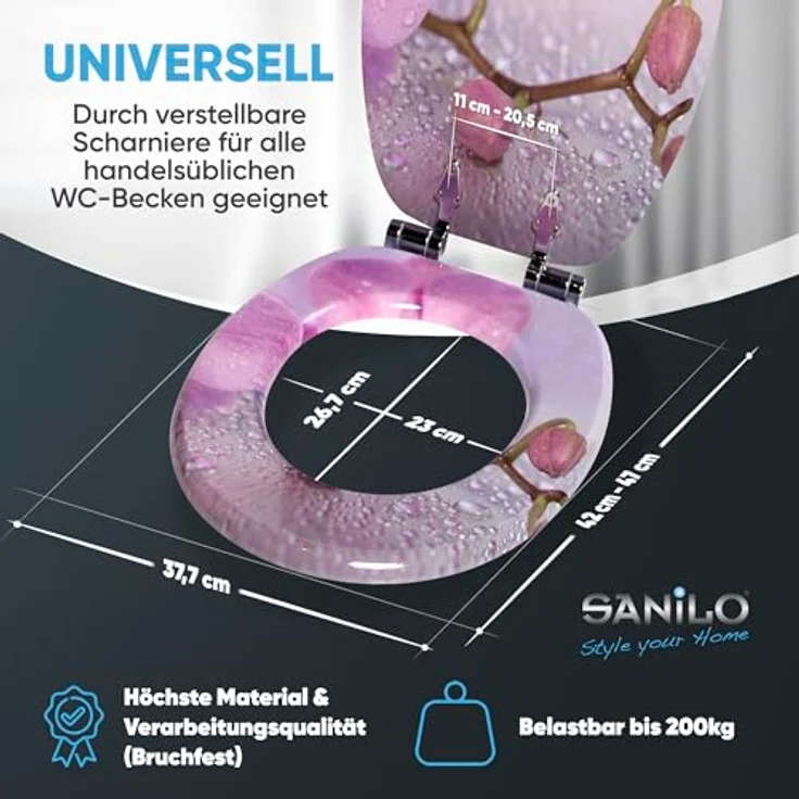 Sanilo WC Sitz Blooming, Hochwertiger Toilettendeckel aus Holz mit Absenkautomatik, Antibakterieller Oberfläche, Pflegeleicht, Universell passend für Hänge- und Steh WC-Becken – Bild 4