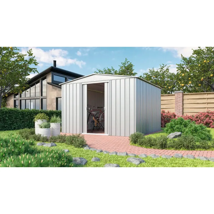 Globel Gerätehaus GLOBEL 10x10, Satteldach, 307 x 309 cm, silber, robuster Metallbau, breite Tür für einfachen Zugang
